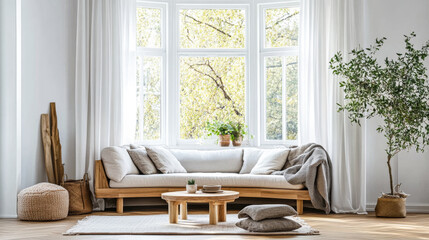 Cozy living room with a wooden sofa, soft textiles, and natural light from large windows showcasing autumn foliage