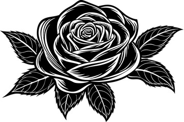 Fototapeta premium Cute rose bouquet with leaves silhouette black linocut vector art illustration