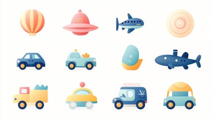 A set of cute cartoon vector icons featuring various vehicles.