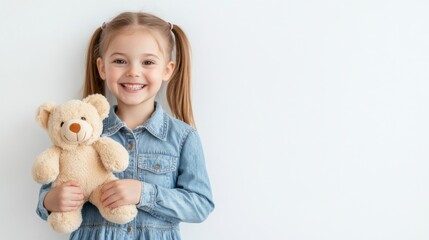 A young girl with pigtails, wearing a denim dress.
