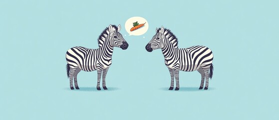 Fototapeta premium Simple vector illustration of two zebras, one thinking about a carrot in a thought bubble while looking up, on a light blue background, minimalist cartoon design