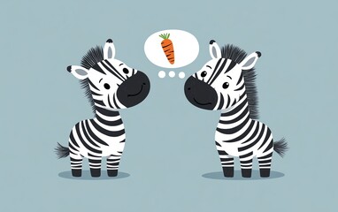 Vector illustration of two zebras, one looking up with a thought bubble of a carrot, set against a light blue background, simple and minimalist cartoon style