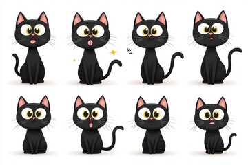Cute black cat, face close-up, upper body or whole body, various expressions and movements of cat.