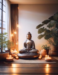 Buddha statue and incense in the room, stock photo