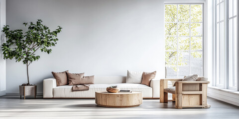 Modern living room interior featuring natural light, minimalist furniture, and indoor plants for a cozy atmosphere