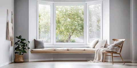 Cozy reading nook with a view of green trees and natural light in a modern living room