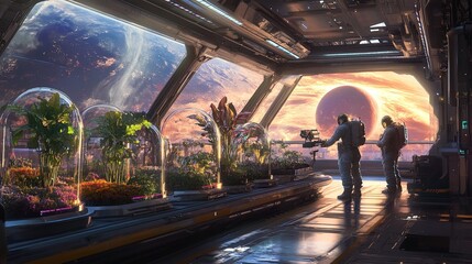 The space station is filled with plants and the astronauts are tending to them