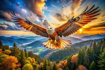 Obraz premium A magnificent bird gracefully glides through the skies, its expansive wingspan on full display amidst the beauty of