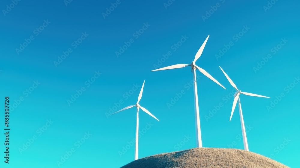 Wall mural wind turbines on a hill under a clear blue sky