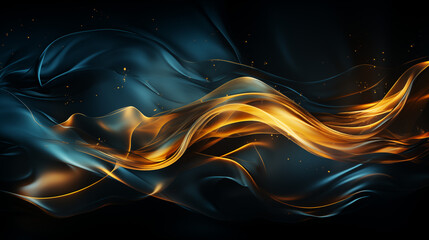 Deep blue and gold smoke wisps merging together, creating a striking contrast of cool and warm tones, with abstract forms and flowing lines, perfect for a dramatic and elegant background 