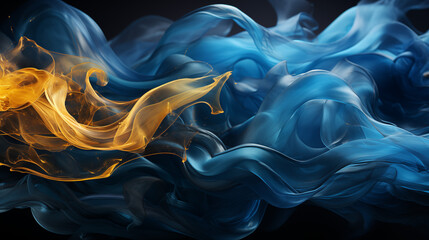 Deep blue and gold smoke wisps merging together, creating a striking contrast of cool and warm tones, with abstract forms and flowing lines, perfect for a dramatic and elegant background 