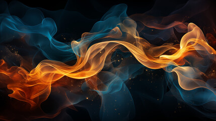 Deep blue and gold smoke wisps merging together, creating a striking contrast of cool and warm tones, with abstract forms and flowing lines, perfect for a dramatic and elegant background