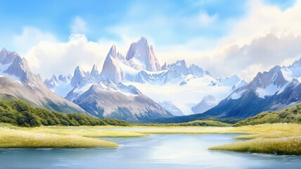 Fototapeta premium Watercolor, landscape of Mount Fitz Roy, Patagonia in Argentina.