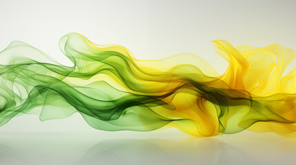 Bright green and yellow smoke tendrils intertwining and swirling, forming dynamic shapes and patterns, evoking a fresh and vibrant energy, set against a clean white background