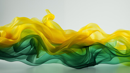 Bright green and yellow smoke tendrils intertwining and swirling, forming dynamic shapes and patterns, evoking a fresh and vibrant energy, set against a clean white background