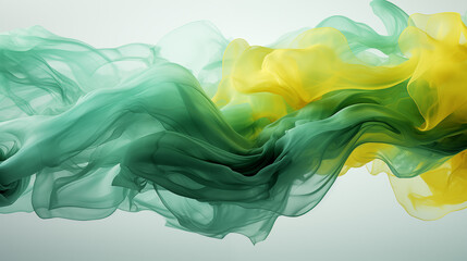 Bright green and yellow smoke tendrils intertwining and swirling, forming dynamic shapes and patterns, evoking a fresh and vibrant energy, set against a clean white background