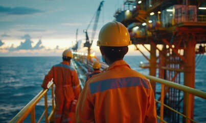 Engineers in protective gear standing on an offshore oil platform with lighting in the background.