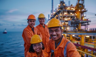 Engineers in protective gear standing on an offshore oil platform with lighting in the background.