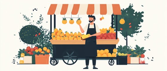 Fruit vendor in apron with a vending cart, flat style illustration on a white background, minimalistic and engaging