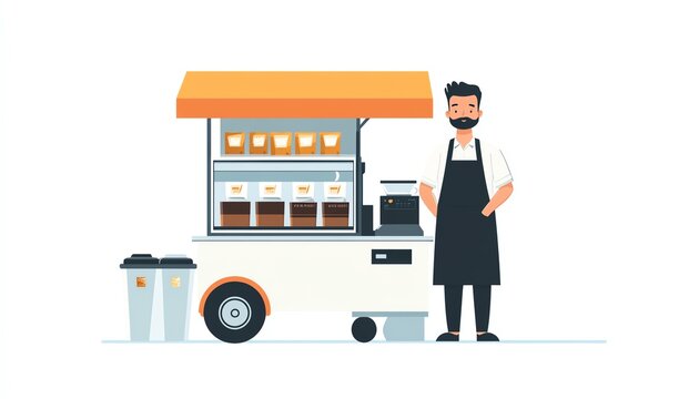 Man street vendor with an apron and coffee vending cart, flat style illustration on a white background, straightforward and colorful