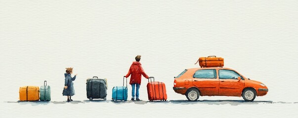 Minimal and cute miniature watercolor painting of a conversation about loading the car, packing luggage, and uncertainty about the destination, with a playful and whimsical touch