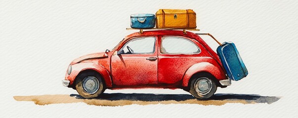 Minimal and cute miniature watercolor painting of a conversation about loading the car, packing luggage, and uncertainty about the destination, with a playful and whimsical touch
