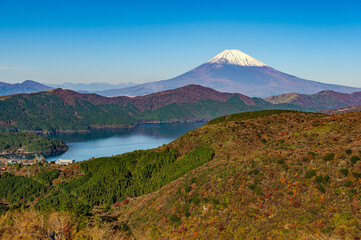 Fototapeta premium 富士山と芦ノ湖を望む箱根大観峰からの紅葉風景
