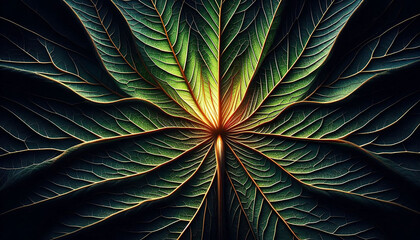 Fototapeta premium Intricate Patterns of Green Leaves with Illuminated Center