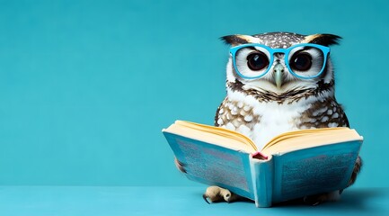 Owl with blue glasses reading a book on a turquoise background,