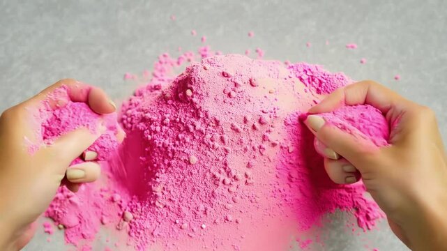 Hands playing with vibrant pink kinetic sand, showcasing creativity and tactile interaction. The soft, moldable texture encourages relaxation and artistic exploration.