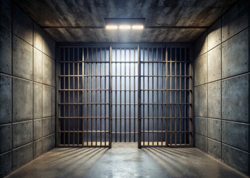 Authentic jail backdrop featuring rugged concrete walls, steel bars, and moody lighting, perfect for enhancing creative