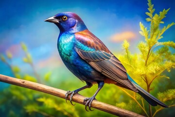 Fototapeta premium A vibrant cowbird rests gracefully on a branch, surrounded by its natural habitat, under a brilliant blue sky