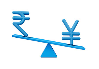 3d Blue Rupee And Yen Symbol Icons With 3d Blue Balance Weight Seesaw, 3d illustration
