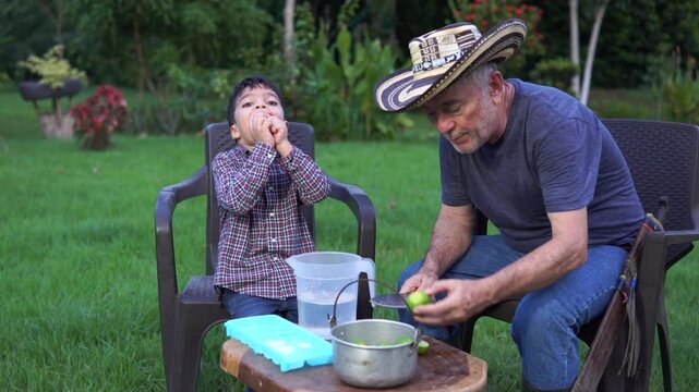 Ni&ntilde;o y su abuelo camino al cultivo de limones donde recolectan limones para hacer una limonada en familia.