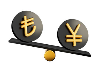 3d Golden Lira And Yen Symbol On Rounded Black Icons With 3d Balance Weight Seesaw, 3d illustration
