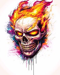 Punk-inspired skull illustration with hollow eyes and nose cavities emitting an intense orange glow, set against a plain white background.