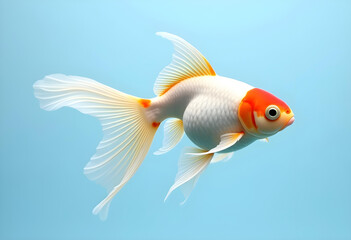 A vibrant goldfish with flowing fins gracefully swims in clear blue water, showcasing its beautiful colors and delicate movements. This serene aquatic scene captures essence of tranquility