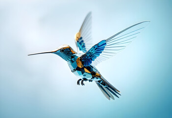 A stunning mechanical hummingbird gracefully hovers in mid air, showcasing intricate details and vibrant colors. Its design blends artistry with technology, creating captivating visual experience