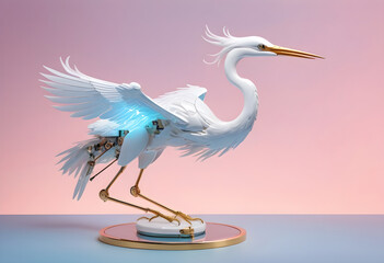 Obraz premium A mechanical egret with complex metal design showcases intricate craftsmanship and modern technology. Its elegant form and vibrant colors create stunning visual impact