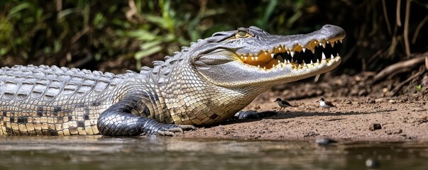 Naklejka premium A massive crocodile with its mouth slightly open, sunbathing on a riverbank as small birds perch nearby