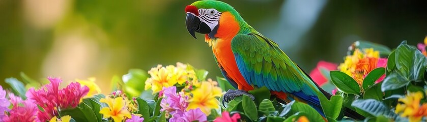 Fototapeta premium Rainbow-colored parrot perched amid vibrant rainforest flowers, capturing the exotic beauty of tropical wildlife