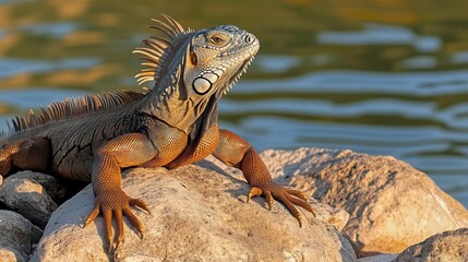 Fototapeta premium Side view of an iguana sunbathing on large, smooth rocks by the water s edge, its skin catching the golden sunlight