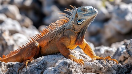 Naklejka premium Vibrant iguana sunbathing on sunlit rocks, its textured skin blending with the rough stone surface beneath it