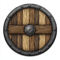Fototapeta premium A round wooden shield with metal accents, designed for protection in battles.