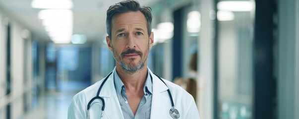 Obraz premium confident young male doctor posing in the hallway of a medical facility, representing healthcare professionals.