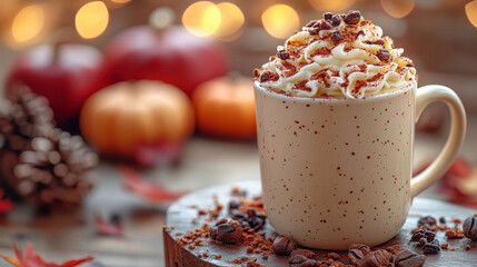 A cozy mug of coffee topped with whipped cream and spices, set against a backdrop of autumn colors and festive decorations. Perfect for fall