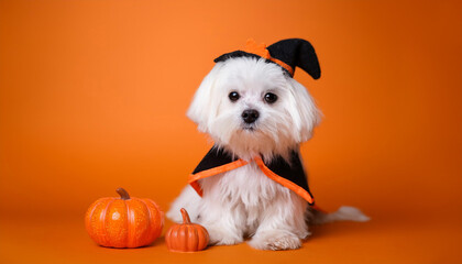 A photo of Maltese dog in a Halloween costume  sitting by pumpkin toys and simple orange background.