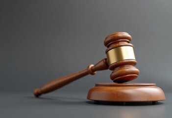 Detailed photo of a wooden gavel with a metallic gold band and matching sound block