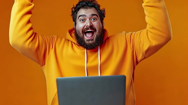 Funny overweight guy working out in sports attire. He uses his laptop to watch sports while playing them remotely.
