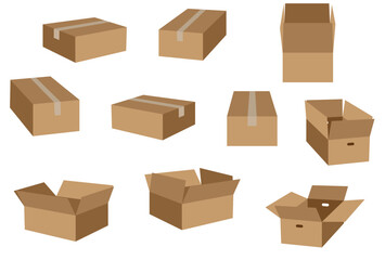 いろいろな角度から見た段ボール箱のイラストセット